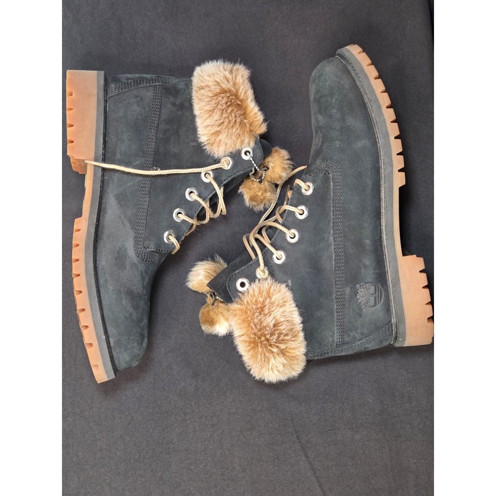 Timberland 6 Inch Black Nubuck Faux Fur Trim Insulated Winter Boots Mens 6